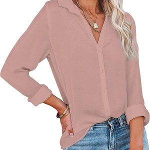 Diosun Womens Button Down V Neck Shirts Long/Short Sleeve Office Casual Business